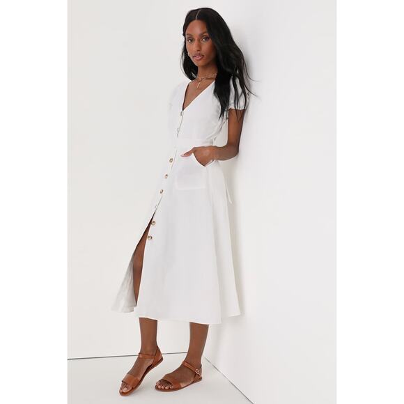 NWT Lulus Sicily Sweetheart White Button-Front Puff Sleeve Midi Dress Size S - Picture 3 of 7